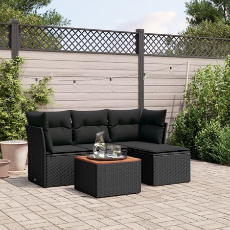 Ensemble Jardin 5 Places Noir Résine Tressée avec Coussins - Salon Extérieur Modulaire Acacia (1/3)