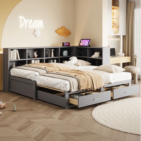 Letto estraibile 90/180x190 cm grigio in legno massello con contenitori, cassetti e prese multifunzione (1/5)