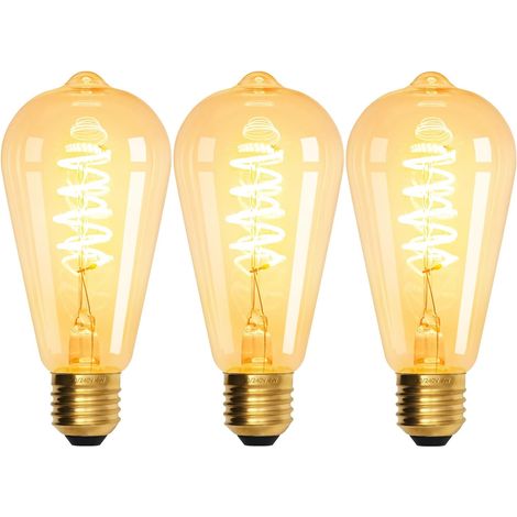 Lot de 3 ampoules LED vintage E27, ST64, 4 W, 220-240 V, blanc chaud 2700 K, verre transparent, filament spiralé, intensité variable, style Edison (1/4)