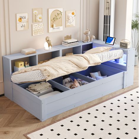 Cama individual 90x200 cm gris en MDF con almacenaje hidráulico, LED y toma integrada (1/5)