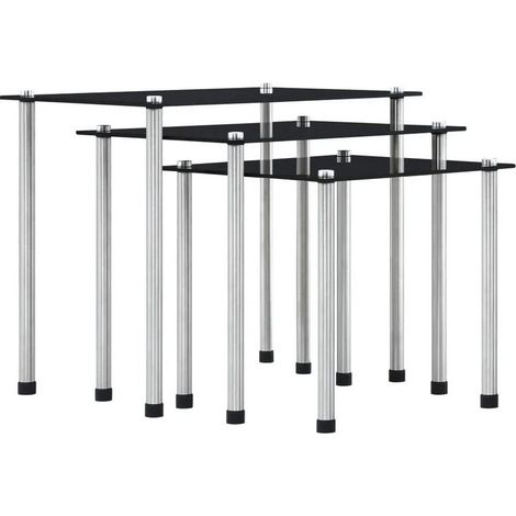 Set de 3 tables gigognes verre trempé noir et pieds métal gris Rosi (1/4)