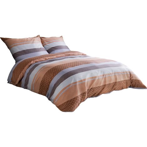 Parure de lit Mia en satin de coton, rayures orange et marron, 160 x 200 cm (1/5)