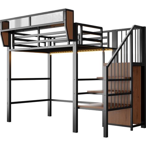 Letto a soppalco 90 x 200 cm in metallo nero con LED, scala di sicurezza e scaffale modulabile (1/5)