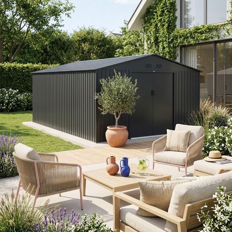 Abri de jardin acier galvanisé 15.35m² avec kit d'ancrage anthracite - Viroloix (1/5)