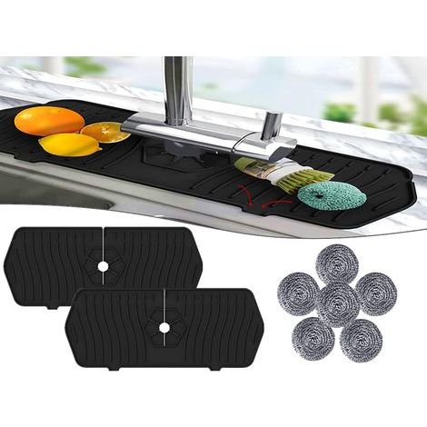 2PCS Silicone Faucet Mat, Silicone Anti-Drip Mat, Faucet Water Catch Mat, Send 6PCS Kitchen Cleaning Balls, for Kitchen Bathroom Sink (Black) (1/5)