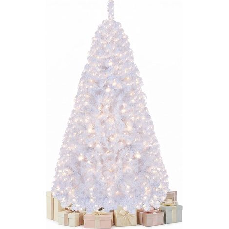 COSTWAY Sapin de Noël Artificiel Blanc Pré-Éclairé à Feuilles PVC, 180 cm (1/5)