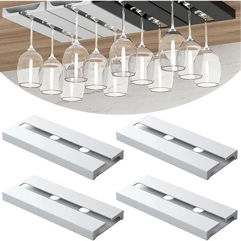 4 Pièces Porte Verre à Vin Suspendu, Support de Verre à Vin Sous Armoire Sans Perçage Porte-Verres à Pied Suspendu Auto-adhésif Accroche-verres Pour étagère Pour Bar Cuisine Restaurant (Blanc) (1/5)