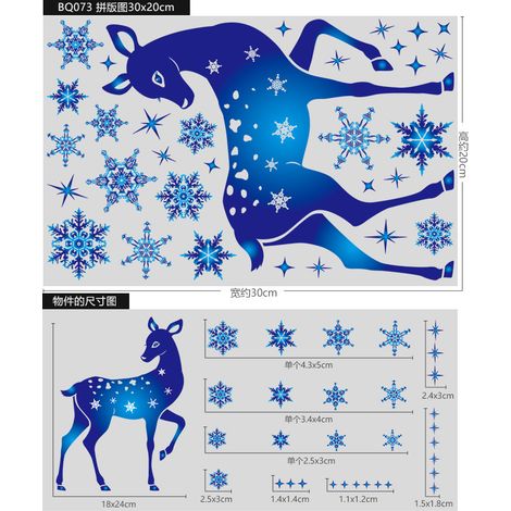 Autocollants de Noël rennes bleus, décorations de fenêtre cerfs sous un ciel étoilé et flocons de neige, autocollants statiques dégradés pour sapin de Noël, décorations de fenêtre fraîches.