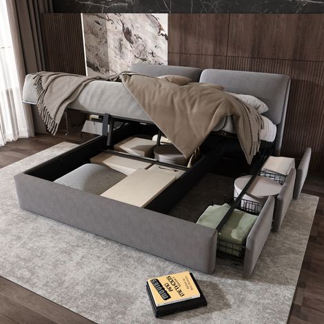Letto contenitore matrimoniale 180x200 cm, con contenitore idraulico e 3 cassetti, in velluto grigio, senza materasso (1/5)