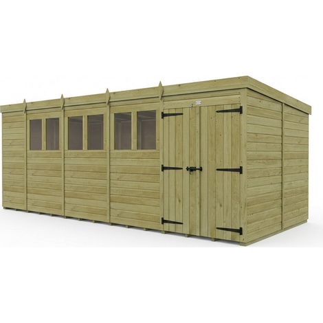 19ft x 10ft Pent Garden Shed Double Door With Windows - Pressure Treated Timber - L579 x W305 x H210 cm - Natural