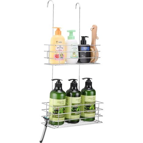 Étagère de douche à suspendre pour salle de bain - Support rotatif avec 2 ventouses et 2 crochets amovibles, antirouille (double) (1/5)