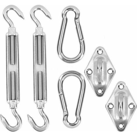 Kit de montaje de acero inoxidable para toldos (6 piezas) que incluye: tensor, ojal y mosquetón.