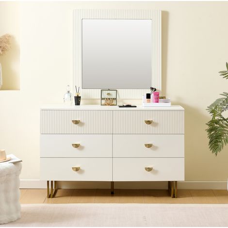 Commode 6 tiroirs MDF blanc avec poignées dorées 120x40x75 cm + miroir mural carré 80x80 cm (1/5)