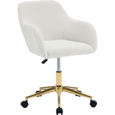 Sedia da ufficio girevole in tessuto teddy avorio, altezza regolabile e base dorata (1/5)