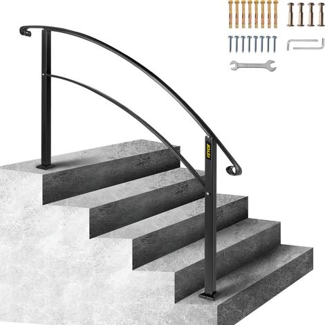 Rampe d'Escalier pour 5 Marches Extérieures, Main Courante Escalier, en Fer Forgé, avec Kit d'Installation, Rampe Extérieure pour Marches en Béton ou Bois, Porche, Terrasse, Noir (1/5)