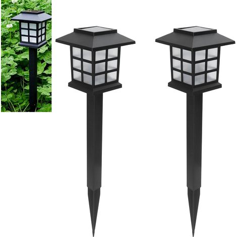 Set mit 2 wasserdichten LED-Solar-Gartenleuchten in Form eines kleinen Hauses, zum Einpflanzen in einen Pfahl, weißes Licht. (1/5)