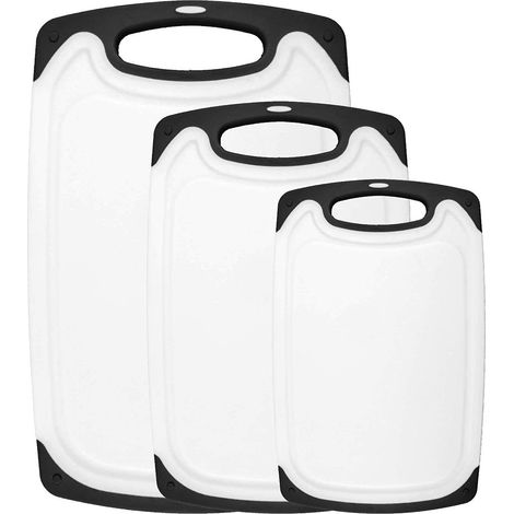 Planches à découper pour la cuisine, lot de 3 planches (grande et petite), compatibles lave-vaisselle, avec rainure pour le jus, poignée ergonomique et revêtement antidérapant en caoutchouc. (1/5)