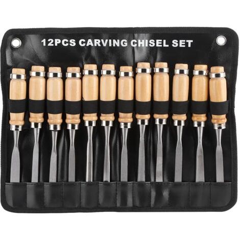 12Pcs Ciseaux à Bois, Outils de Menuiserie avec Poignées en Bois, Mallette pour Bricolage et Artisanat (1/4)
