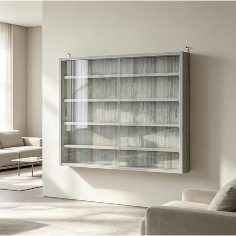 Vitrine murale 80x9,5x60 cm en bois et verre gris, avec rangement pour salon FloraGrace (1/5)