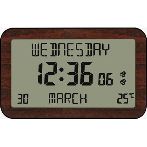 Digitaler Wandwecker mit Funksteuerung – Kalender, Datum, Wochentag und Uhrzeit – Große Ziffern – 6 Sprachen – 2 Alarme – Raumtemperaturanzeige – Wand- oder Bodenmontage möglich (1/5)