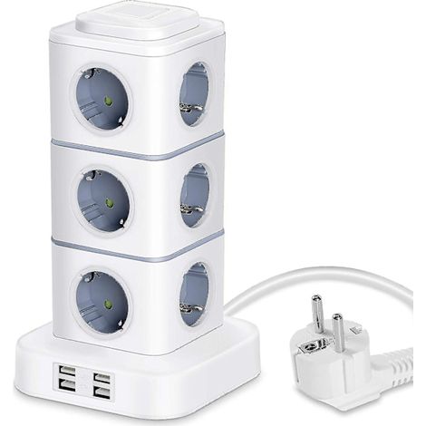 Multiprise verticale, 12 prises avec 4 ports USB, avec protection contre les surtensions — Convient pour la maison et le bureau — Rallonge de 3 mètres (2500 W / 10 A) (1/4)