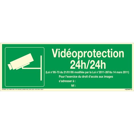 Panneau photoluminescent vidéo protection 24h/24h - Rigide 330x120mm - 4063614