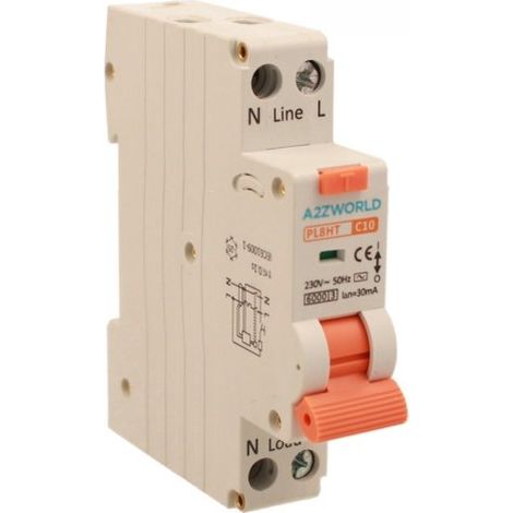 RCBO Interruttore Magnetotermico Differenziale Tipo AC Curva C 1P+N 1M 6000A 30mA C10A AC 230V IP20 IEC61009-1 PL8HT