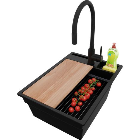 PRIMAGRAN Evier Cuisine en Granit 38x53cm, Lavabo 1 bac + Kit de Vidage + Accessoire, Évier à Encastrer au meuble 40cm - Oslo Pocket, Tout Noir (1/5)