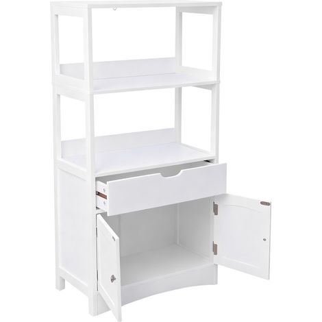 Meuble de Rangement de Salle de Bain, Armoire Haute, Bibliothèque, avec 2 Compartiments Ouverts, 1 Tiroir et 1 Placard, 32,5 x 60 x 122 cm, pour Salon, Cuisine, Bureau, Blanc (1/5)