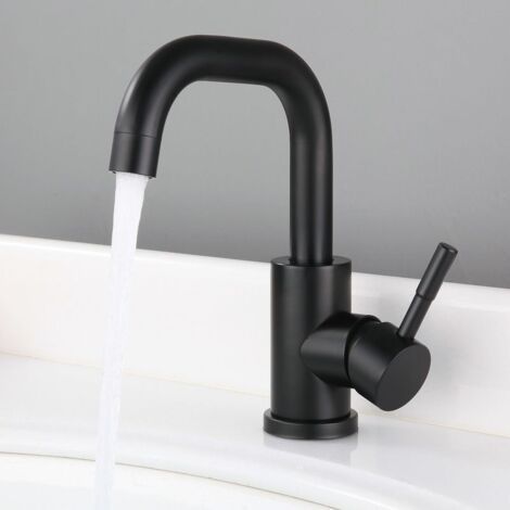 Robinet d'eau chaude et froide noir en acier inoxydable petit robinet de bassin rotatif brossé de salle de bain incurvé (1/3)