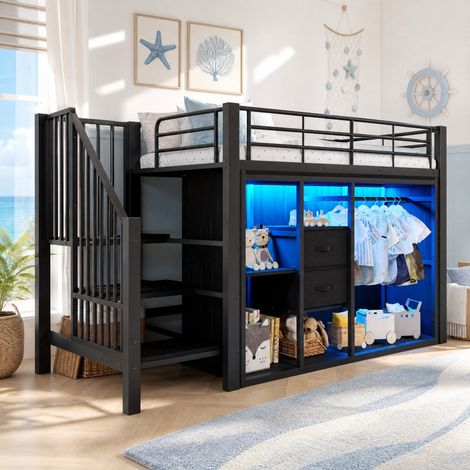Letto a mezza altezza 90 x 200 cm con 2 cassetti, armadio aperto, LED multicolore, nero HAVRYA (1/5)