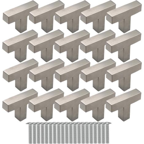 20 Pieces Poignée Meuble Acier Inoxydable, Bouton de Porte en T, Poignée Meuble 1 Trou Boutons de Tiroirs Argent Boutons Carrés avec Vis pour Tiroirs Armoires Placard Commode (1/5)