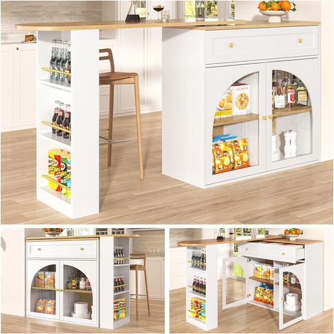 Table de Bar Haute Extensible et Mobile 360° avec Rangement, Îlot de Cuisine Bistro Moderne et Comestible, 138-204x39x104 cm , Blanc (1/5)