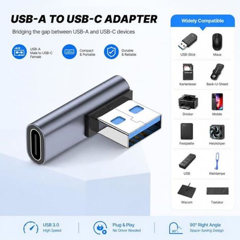 2 Pcs Adaptateur Usb-C À 90° Mâle Usb-A Vers Femelle Usb-C, 10 Gbit/S Débit Rapide Et Charge, Adaptateur Usb Coudé Unités For[F271] (1/5)