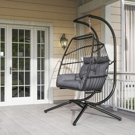 Fauteuil suspendu pliable - Fauteuil suspendu 2 places - Rotin synthétique gris - Structure acier thermolaqué - Charge 260 kg