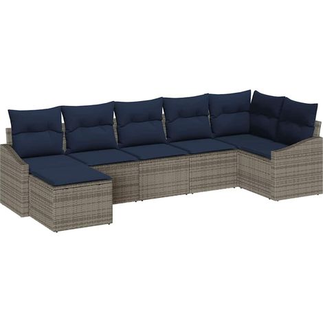 Garten-Sofa-Set 7 pcs Grau und Marineblau Poly-Rattan vidaXL
