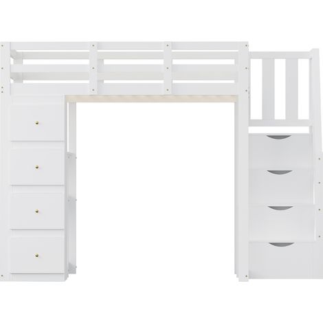 Cama alta 140 x 200 cm con almacenaje, escalera segura y estantes, madera blanca (1/5)