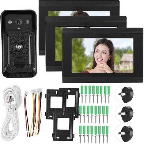 Sonnette vidéo filaire WiFi 3 écrans 1080P HD, visiophone de porte avec vision nocturne, caméra 7 pouces, alimentation 100-240V (1/5)