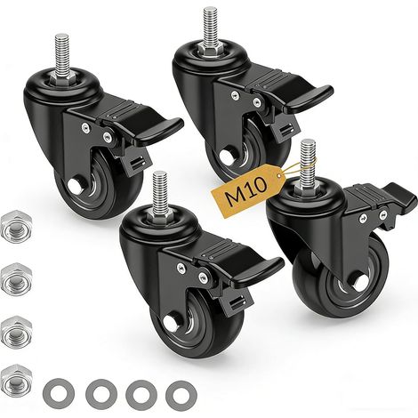 Roulettes pour Meubles Tige Fileté M10 x 1,5 x 30 mm, Lot de 4 Roulettes Pivotantes 50MM avec Frein, Double Roulement à Bille Roulette Charge Lourde Rotation à 360°, Jusqu'à 300KG (1/5)