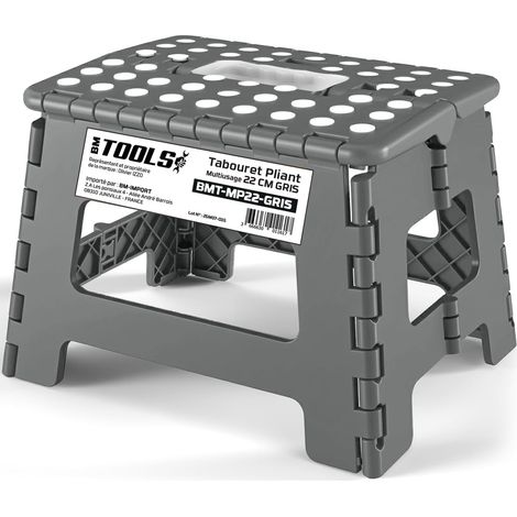 Tabouret Pliant Gris 22cm, Marchepied Pied Pliable BM TOOLS BMT-MP22-GRIS - 150kg Capacité, Léger et Compact pour Adulte/Enfant