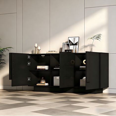 REDOM - Credenza contenitore - 160x35x60 cm -3 ante - 6 vani portaoggetti - ripiani regolabili - pannello lucido - pannello truciolare - nero (1/5)