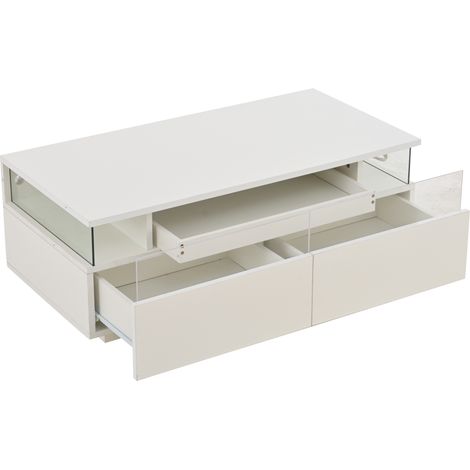 Table basse 90 x 45 x 35,5 cm avec plateau, table basse brillante pour salon, table d’appoint avec 2 tiroirs, table d’appoint porteuse en verre trempé, table basse avec éclairage LED, blanc (1/5)