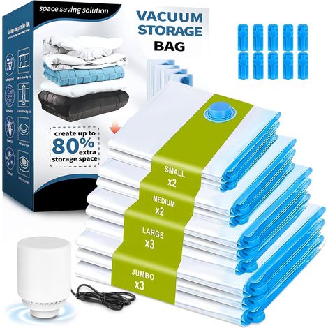 Sac de Rangement Sous Vide Avec Pompe Électrique, 10 Sacs s (3 Jumbo 100x80cm, 3 Grands 80x60cm, 2 Moyens 70x50cm, 2 Petits 60x40cm), pour Voyage et Stockage Quotidien