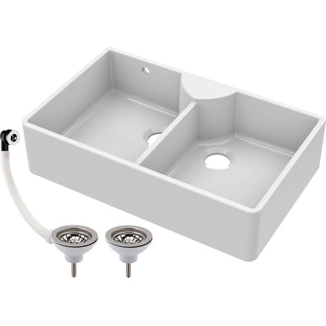 895mm - Two Bowl Fireclay Butler Kitchen Sink -  Stepped Weir, Overflow, ledge & Wastes (1/5)