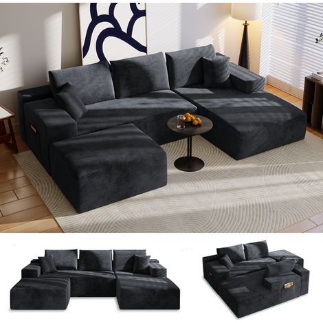 Canapé d’angle 4 places avec fonction lit, canapé modulable en L pour salon, convertible moderne avec 5 coussins, 274L x 175P x 64H cm, noir