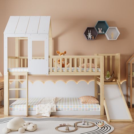 Cama infantil con tobogán techo y ventana de madera OKMYHOME (1/5)