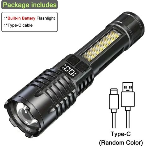 (Une) Lampe torche LED haute puissance, rechargeable et étanche, avec éclairage latéral COB. (1/5)