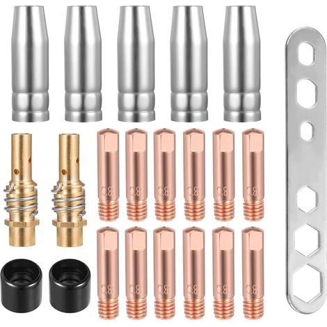 22 Pièces Accessoires de Soudage Gaz Kit, Support de Connecteur de Gaz, 5 x Buses à Gaz, 15 x Buses M6 0,8 mm, 2 x Poignées de Buse, 2 x Isolateurs, 1 Clé à Molette (1/5)