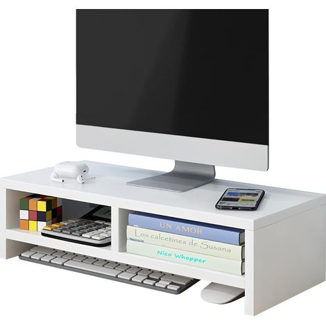 Rehausseur Ecran Pc Bureau Blanc En Bois Réhausseur D'écran avec 2 Compartiments De Rangement pour Bureau Idéal pour Votre Bureau À Domicile 40 X 20 X 13 Cm (1/5)