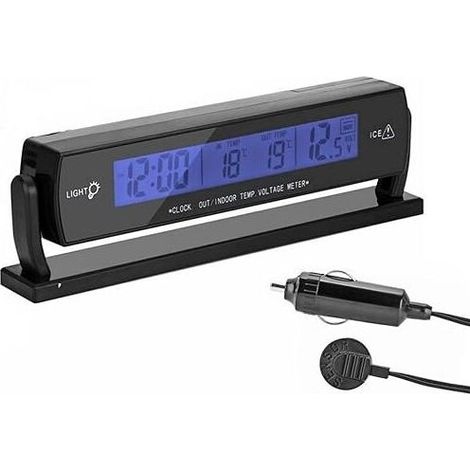 Sveglia digitale multifunzione per auto con termometro per temperatura interna/esterna, display LCD, monitor e rilevatore di tensione della batteria. (1/5)